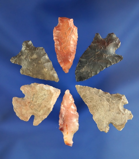 Set of 6 assorted Arrowheads found near the Ohbe site, Columbia River. Largest is 1 1/4". Ex. Wiley