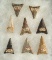 Set of eight Mississippian Triangle Arrowheads, largest is 1 5/8