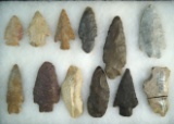 Set of 12 assorted flaked Arrowheads and Knives from various locations, largest is 3 7/8