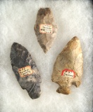 Set of three assorted Arrowheads found in Indiana and Summit Co.,  Ohio, largest is 3