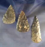 Set of 3 Coshocton Flint Archaic Knives found in Ohio, largest is 3 3/4