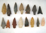 15 assorted Midwestern Arrowheads, largest is 2 1/4
