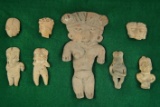 Set of PreColumbian Pottery artifacts from West Mexico including 5 pottery figures, 3 pottery heads