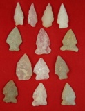 Set of 13 assorted Quartz Arrowheads found in Virginia and North Carolina, largest is 1 5/8