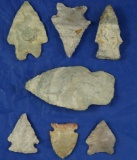 Set of 7 assorted Indiana Green Arrowheads found in Williams Co., Ohio.  Ex. Harlan Snyder Collectio