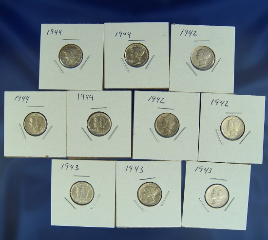 3-1942, 3-1943 and 4-1944 Mercury Dimes XF-BU Details (10 Coins)