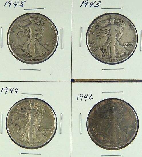 1942, 1943, 1944 and 1945 Walking Liberty Half Dollars F-XF