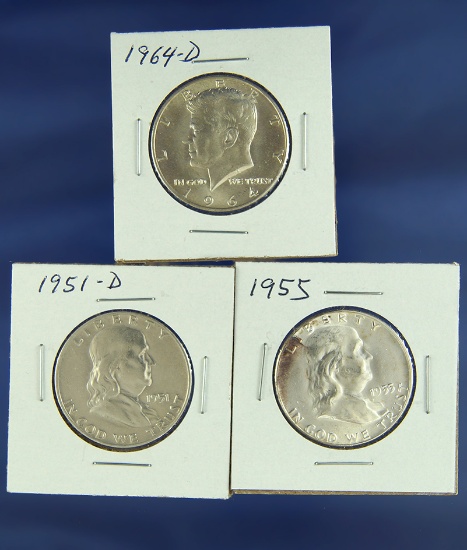 1951-D, 1955 Franklin and 1964-D Kennedy Half Dollars XF-BU