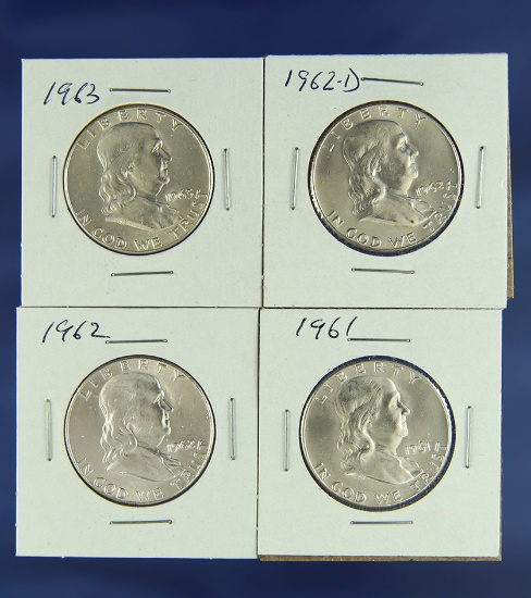 1961, 1962, 1962-D and 1963 Franklin Half Dollars AU-BU