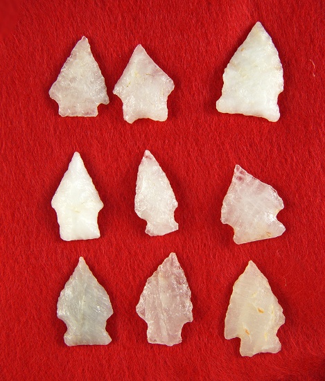 Set of nine Quartz Arrowheads found in Virginia, largest is 1 3/8".