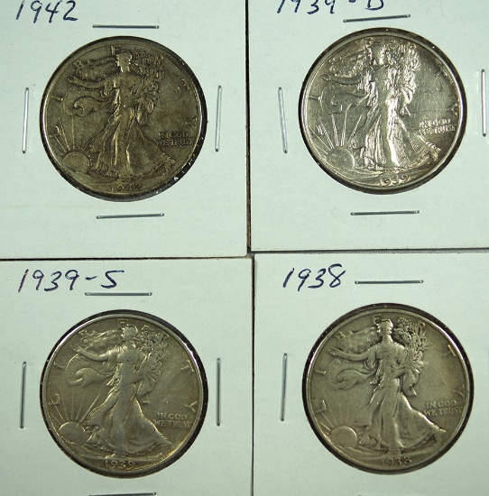 1938, 1939-D, 1939-S and 1942 Walking Liberty Half Dollars F-XF