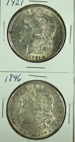 1896 and 1921 Morgan Silver Dollars XF-AU Details