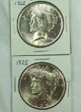 1922 and 1925 Peace Silver Dollars Choice AU-BU