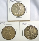 1937-S, 1938 and 1939 Walking Liberty Half Dollars F-XF