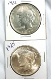 1922 and 1925 Peace Silver Dollars VF-AU
