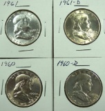 1960, 1960-D, 1961 and 1961-D Franklin Half Dollars AU-BU