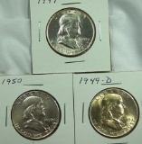 1949, 1949-D and 1950 Franklin Half Dollars AU