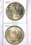 1922 and 1925 Peace Silver Dollars AU