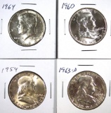 1954, 1960, 1963-D Franklins and 1964 Kennedy Half Dollars AU-BU