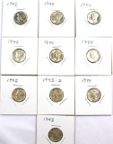 3-1942, 1943, 5-1944 and 1945-D Mercury Dimes AU-BU Details (10 Coins)