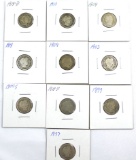 1897, 1899, 1903, 1904, 1905-S, 1908, 1910, 1911-D, 1914 and 1914-D Barber Dimes AG-VG