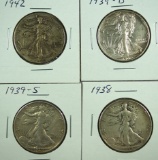 1938, 1939-D, 1939-S and 1942 Walking Liberty Half Dollars F-XF