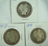 1901, 1908 and 1911-D Barber Half Dollars G-G+