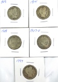 1899, 1907-O, 1908, 1909 and 1915 Barber Quarters G-VG