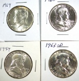 1954, 1960, 1963-D Franklin and 1964 Kennedy Half Dollars AU-BU