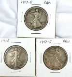 1917-S Obv., 1917-S Rev. and 1918 Walking Liberty Half Dollars F-VF