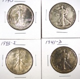 1938, 1940, 1941-D and 1943-3 Walking Liberty Half Dollars F-XF