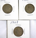 1908, 1909 and 1910 Liberty V Nickels F-XF
