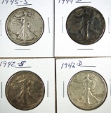 1942-D, 1942-S, 1944-D and 1945-S Walking Liberty Half Dollars F-VF