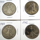 1939, 1941, 1942 and 1945 Walking Liberty Half Dollars F-VF
