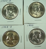 1953, 1953-D, 1954-D and 1954-S Franklin Half Dollars AU-BU