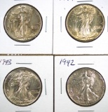 1942, 1943, 1944 and 1945 Walking Liberty Half Dollars VF-AU