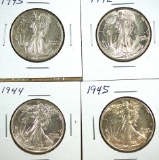 1942, 1943, 1944 and 1945 Walking Liberty Half Dollars XF-Choice AU