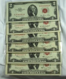1953, 1953 A, 1953 B, 1953 C, 1963 and 1963 A $2.00 Red Seal United States Notes AU-CU