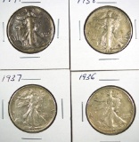 1936, 1937, 1938 and 1941 Walking Liberty Half Dollars VF-XF