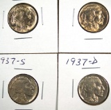 1937-D, 1937-S and 2-1938-D Buffalo Nickels AU-BU