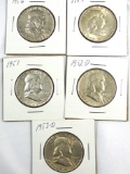 1951, 1952-D, 1953-D, 1954 and 1956 Franklin Half Dollars XF-AU