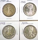 1942, 1943, 1945 and 1945-D Walking Liberty Half Dollars VF-XF