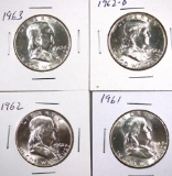 1961, 1962, 1962-D and 1963 Franklin Half Dollars BU