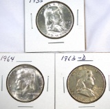 1955, 1963-D Franklin and 1964 Kennedy Silver Half Dollars XF-BU