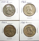 1951-S, 1954, 1963 and 1963-D Franklin Half Dollars XF-AU