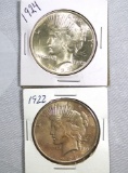 1922 and 1924 Peace Silver Dollars AU+