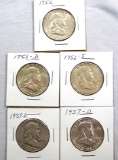 295.1952, 1952-S, 1953-D, 1957-D and 1959-D Franklin Half Dollars VF-AU
