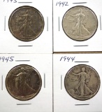 1942, 1943, 1944 and 1945 Walking Liberty Half Dollars F-VF