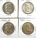 1950, 1951, 1952 and 1953-D Franklin Half Dollars VF-AU