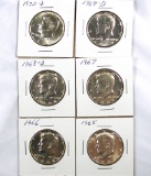 1965, 1966, 1967, 1968-D, 1969-D and 1970-D 40% Silver Kennedy Half Dollars AU-BU